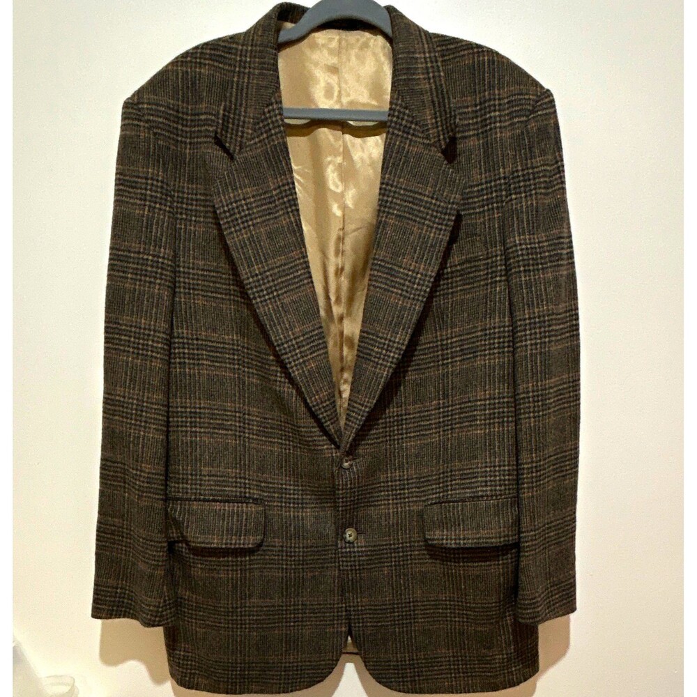 Bachrach Men's Plaid Blazer 41L Brown/Gray 2-Button Notch Lapel Pockets